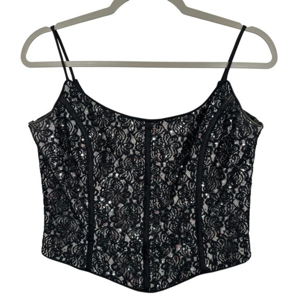 Jessica McClintock Gunne Sax Black‎ Lace Sequin Corset Top Strappy Evening Glam